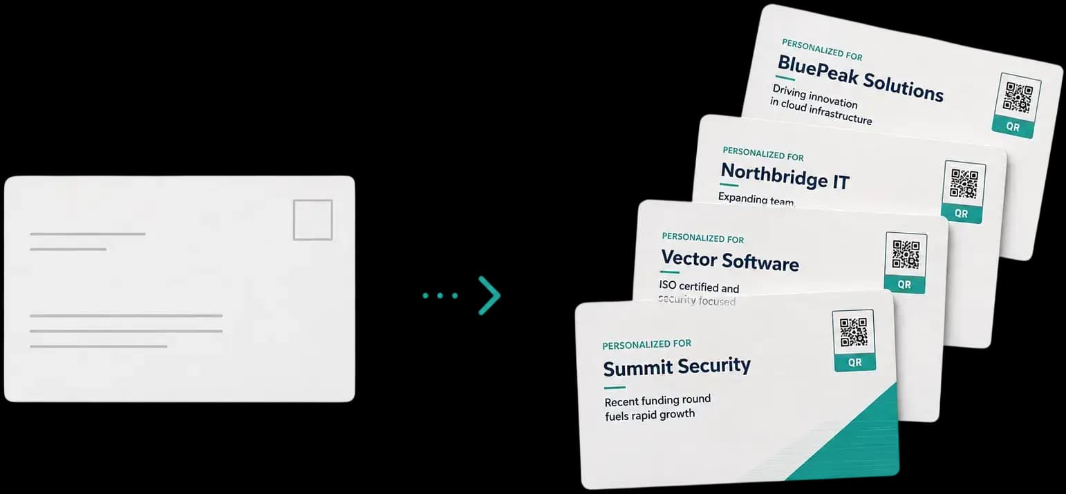 Generic postcard converting into AI-personalized postcards for each B2B recipient