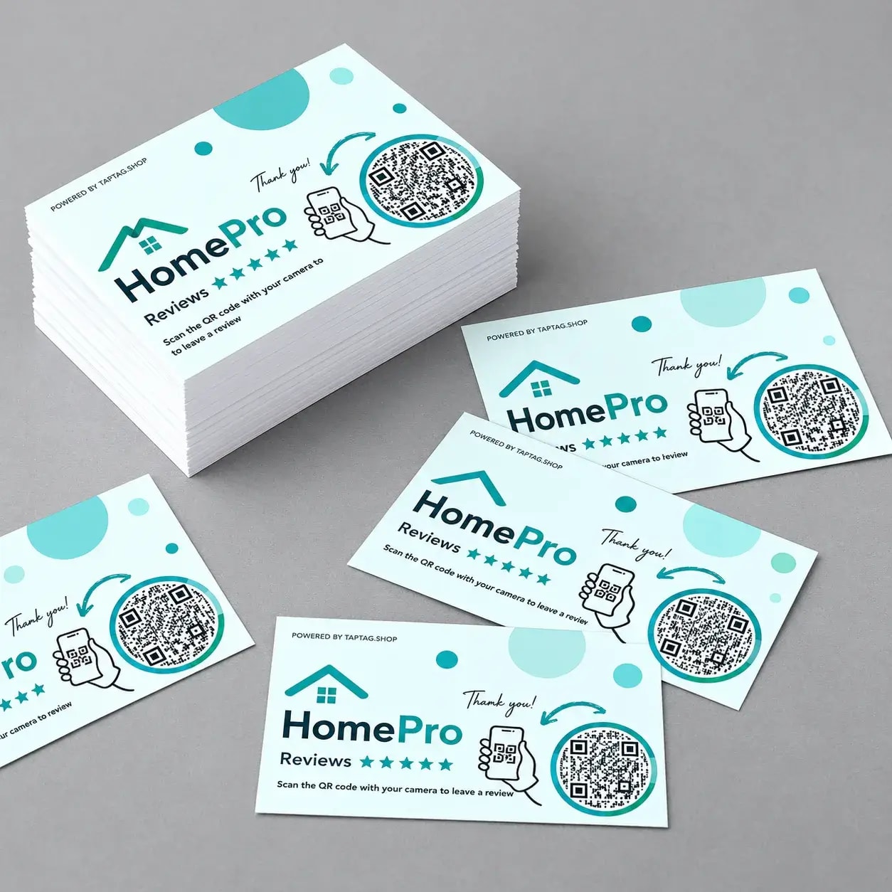 Stack of QR review request business cards