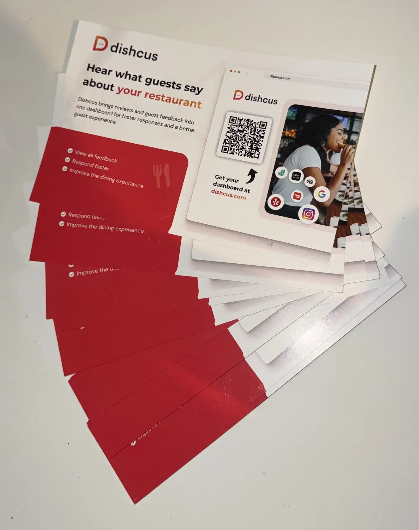 Stack of Dishcus postcards from the restaurant group campaign