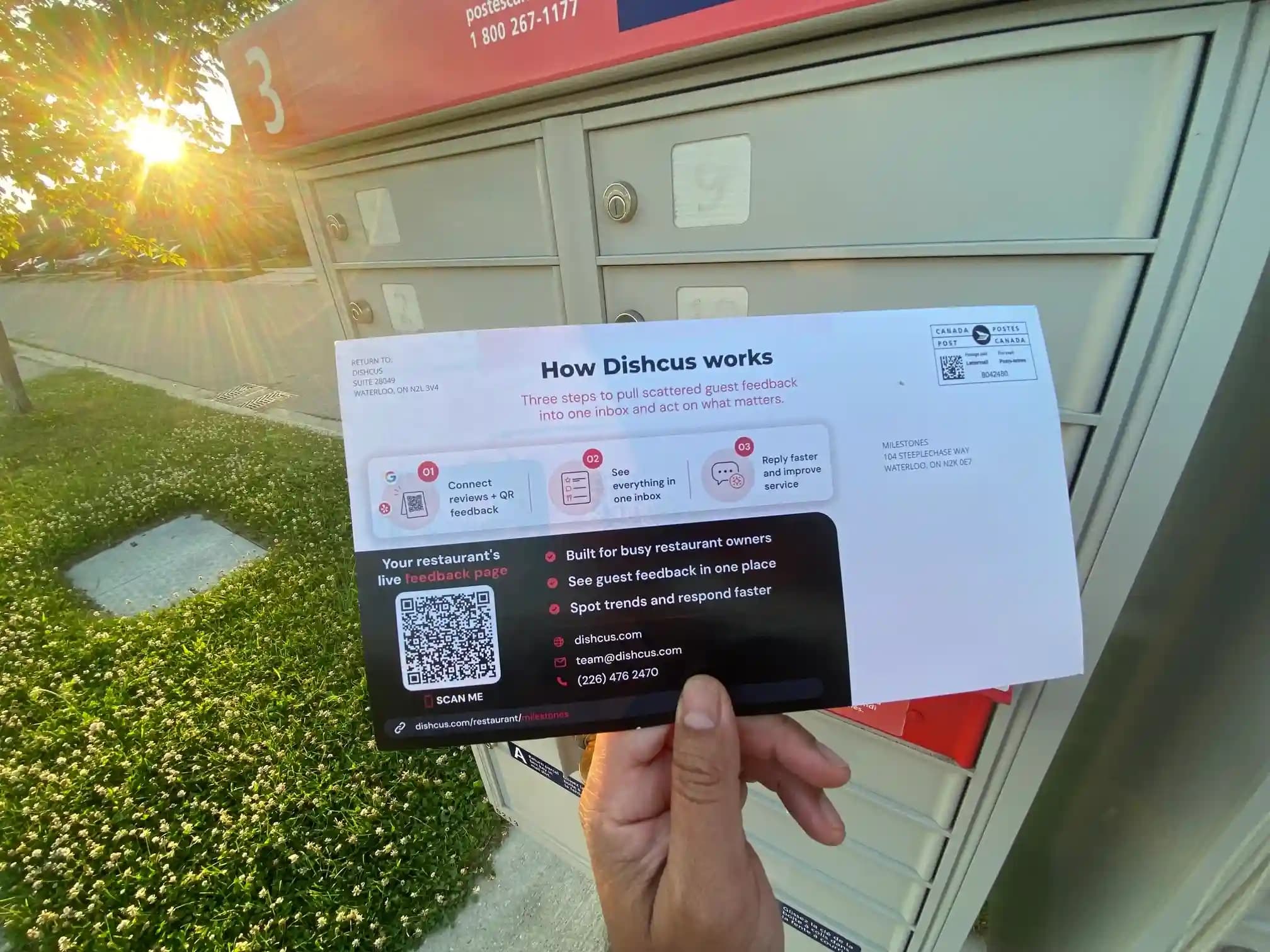 Back of the Dishcus postcard showing the unique QR code