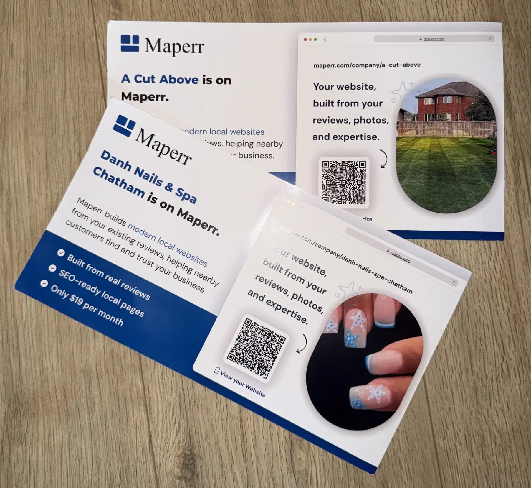 Stack of Maperr postcards with different local business names
