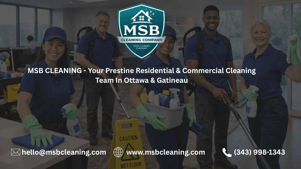 A home cleaning team reviewing customer feedback on a tablet outside a residential property in Ottawa